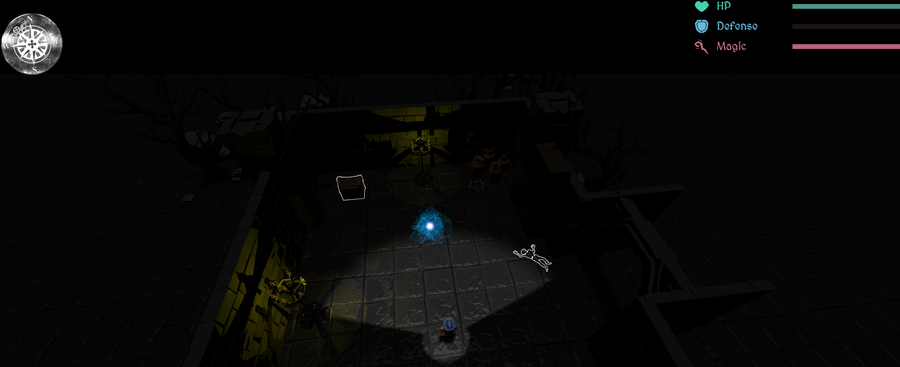 MagikBound gameplay — top-down view showing the player character and magic orb with HP/Defense/Magic HUD
