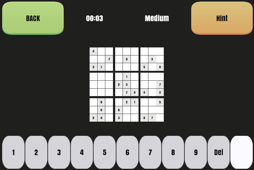 Sudoku — a 9×9 grid with number pad and hint button